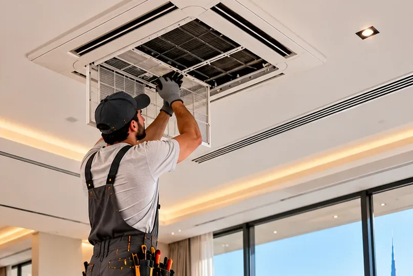 Illustrative image: a technician servicing a ceiling cassette air-conditioning unit in a living room with linear air grilles