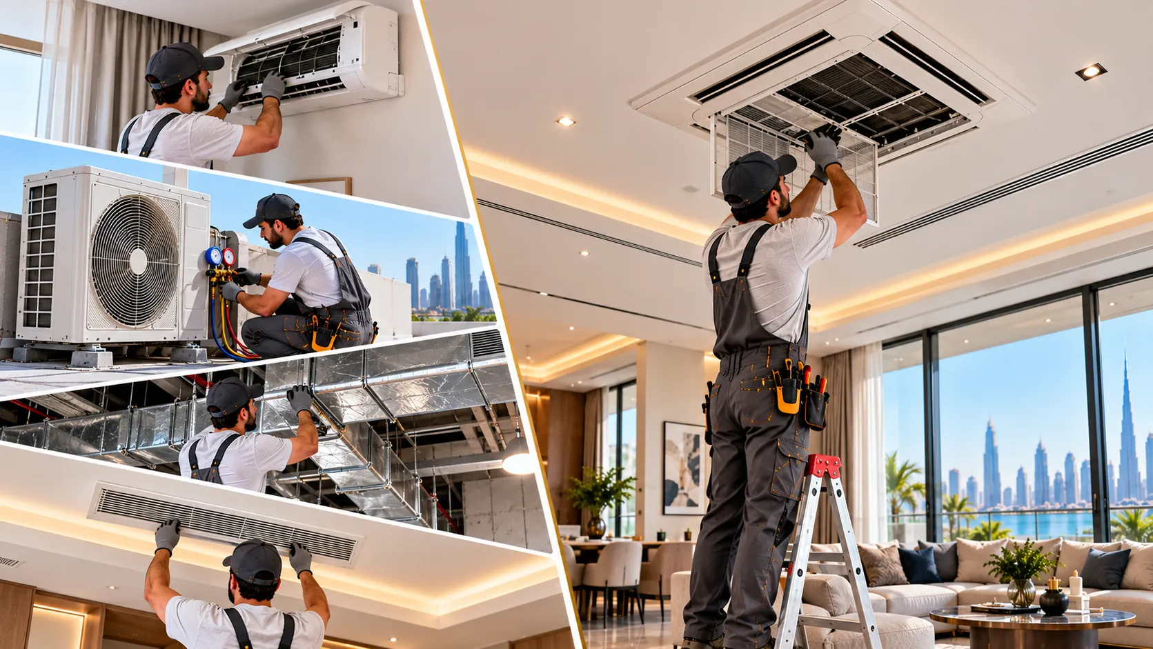 Illustrative image: technicians servicing a ceiling cassette air-conditioning unit, an outdoor unit, ducting and a linear grille