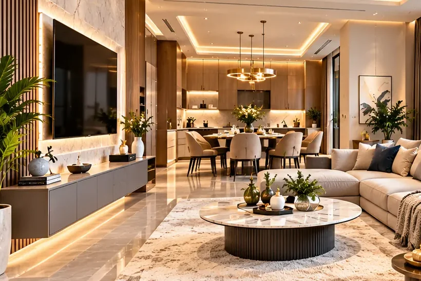 Illustrative image: a refurbished open-plan living and dining area with wall panelling, a media wall, cove lighting and a marble coffee table