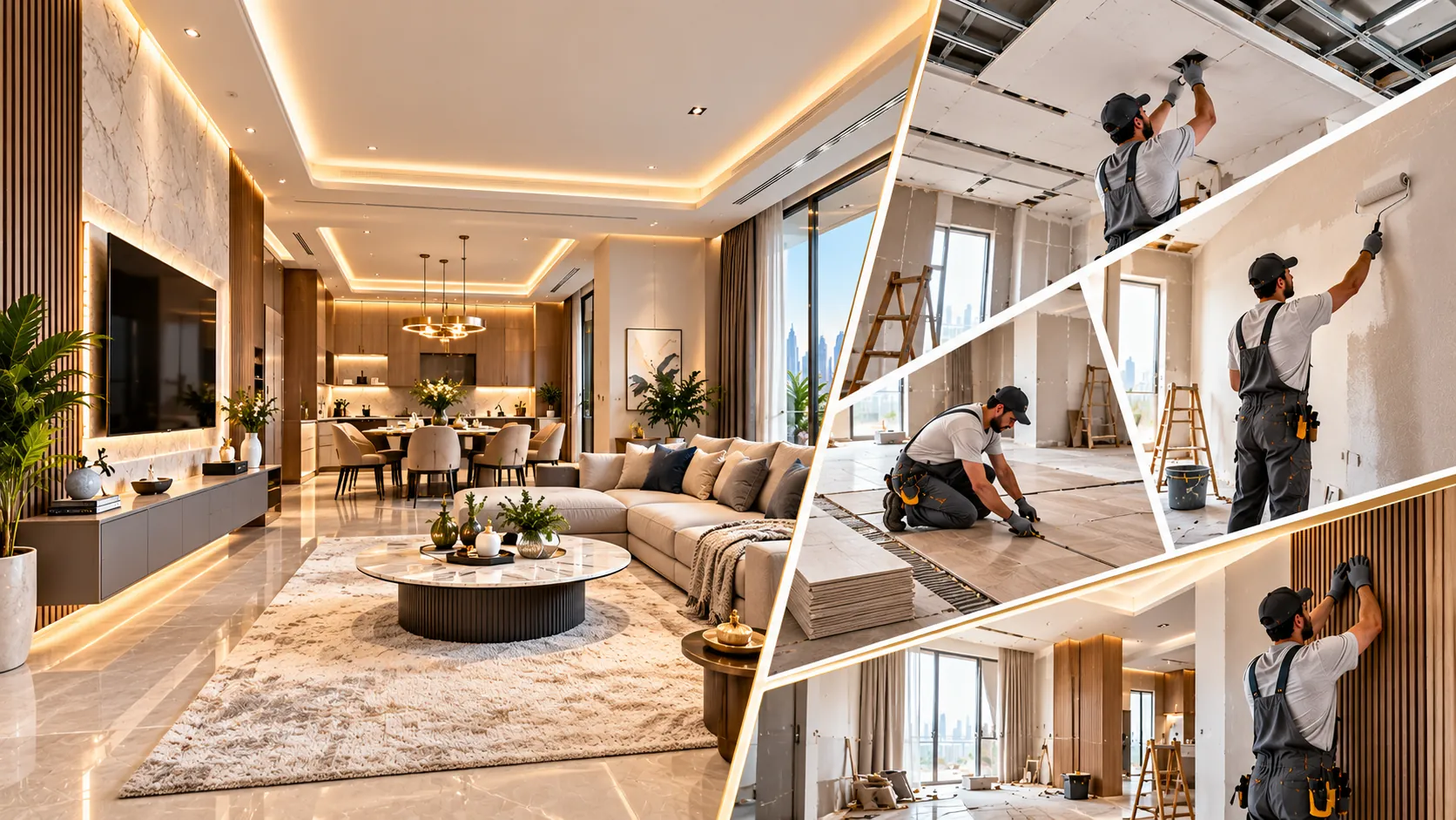 Illustrative image: a refurbished open-plan living and dining area with wall panelling and cove lighting, beside scenes of ceiling, flooring and painting work