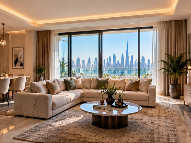 Illustrative image: the same apartment living area renovated with marble-effect flooring, a lit tray ceiling, pendant lights, a sofa and dining table