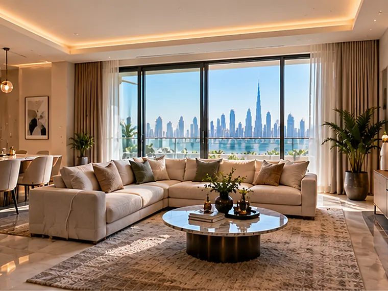 Illustrative image: the same apartment living area renovated with marble-effect flooring, a lit tray ceiling, pendant lights, a sofa and dining table