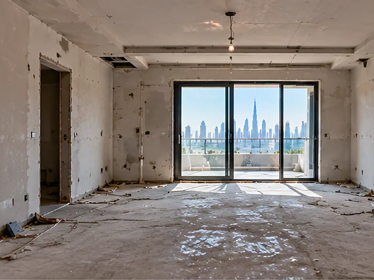 Illustrative image: unfinished apartment living area with bare plaster walls, an exposed ceiling and a dusty floor, facing a balcony and the Dubai skyline