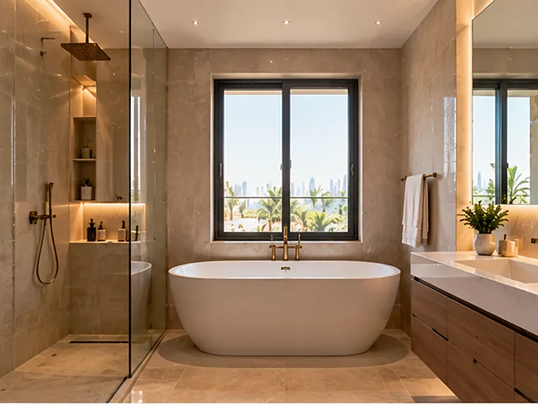 Illustrative image: the same bathroom renovated with stone-effect tiles, a glass walk-in shower, a freestanding bath and a wood vanity