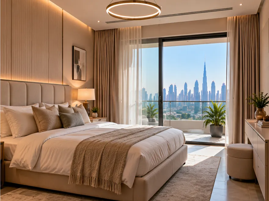 Illustrative image: the same bedroom renovated with a panelled wall, cove lighting, a ring pendant, a double bed and curtains
