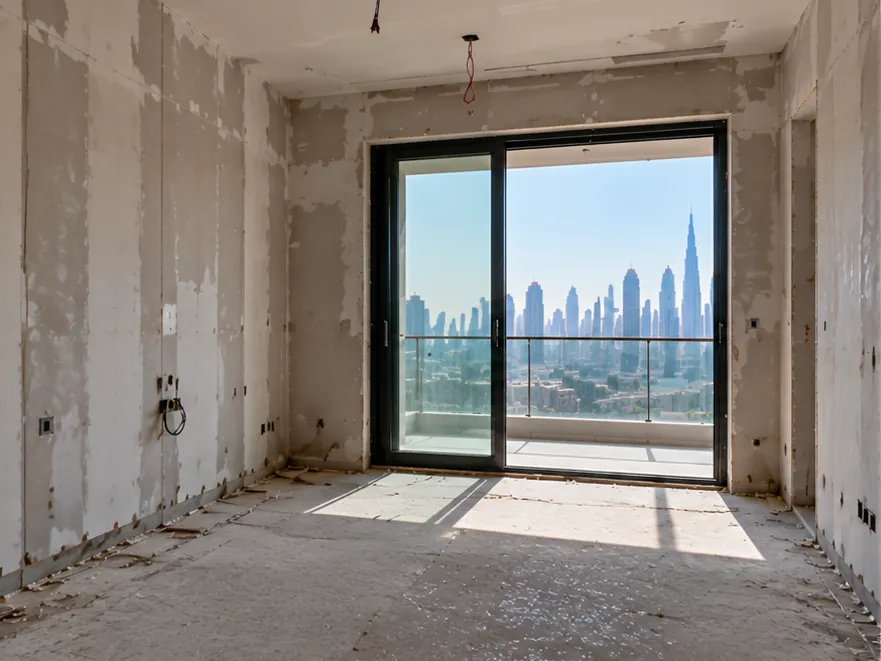Illustrative image: empty unfinished bedroom with bare walls, hanging wires and a sliding door to a balcony with a skyline view