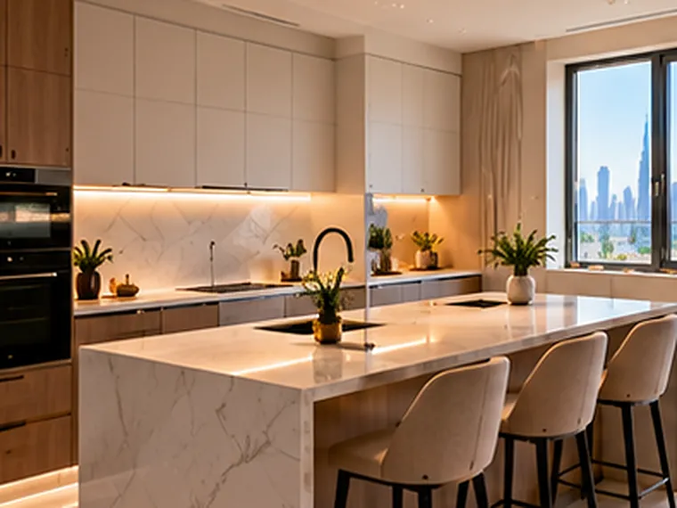 Illustrative image: the same kitchen renovated with white and wood cabinetry, built-in ovens, a marble-effect island and bar stools
