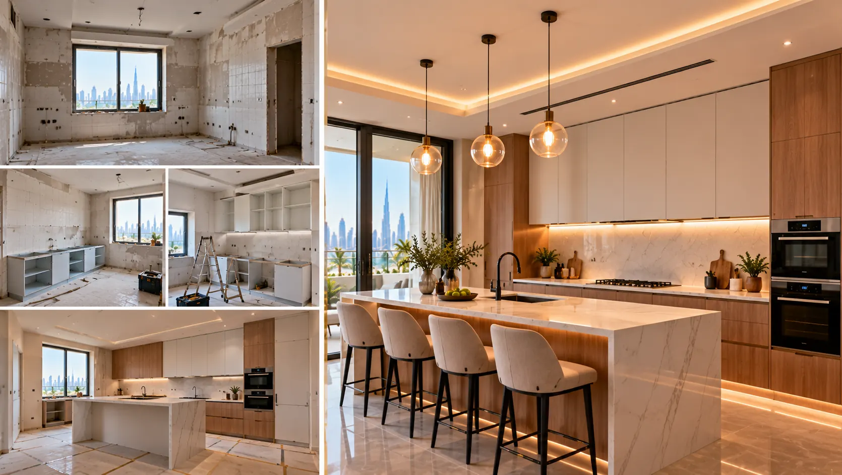 Illustrative image: stages of a kitchen renovation, from bare walls to the finished kitchen