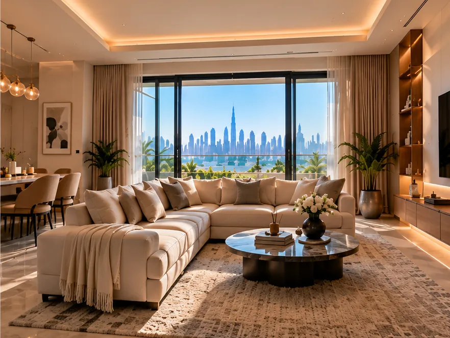 Illustrative image: the same living room renovated with marble-effect flooring, a lit tray ceiling, a modular sofa and built-in shelving