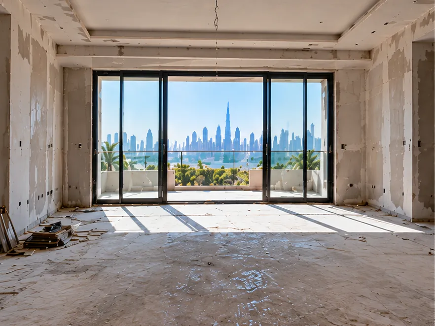 Illustrative image: empty unfinished living room with bare walls and a wide sliding door to a balcony overlooking the Dubai skyline
