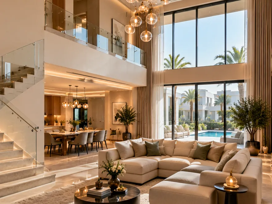 Illustrative image: the same villa living room renovated with a glass staircase, a cluster chandelier, a sectional sofa and a dining area