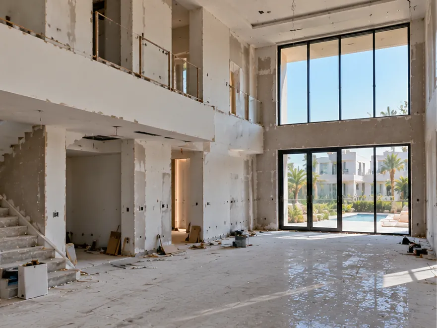 Illustrative image: unfinished double-height villa living room with bare walls, an open staircase and tall windows to a pool