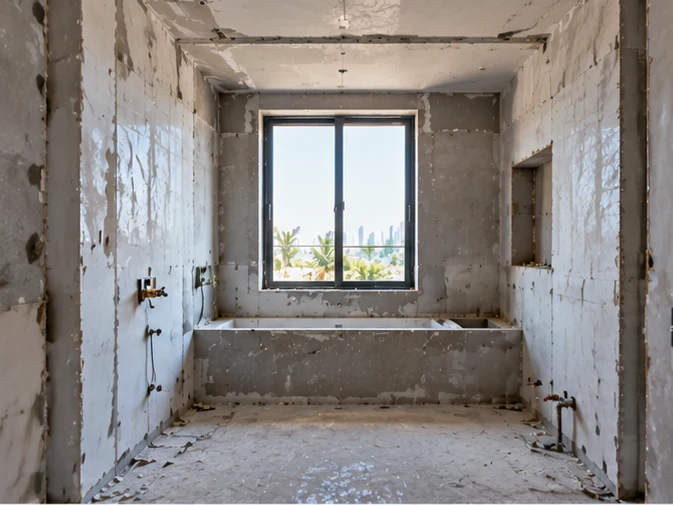 Illustrative image: bathroom stripped back to bare walls with exposed pipework and an unfinished bath recess under a window