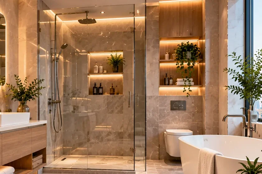Illustrative image: a renovated marble bathroom with a glass walk-in shower, lit wall niches, a wall-hung toilet and a freestanding bath