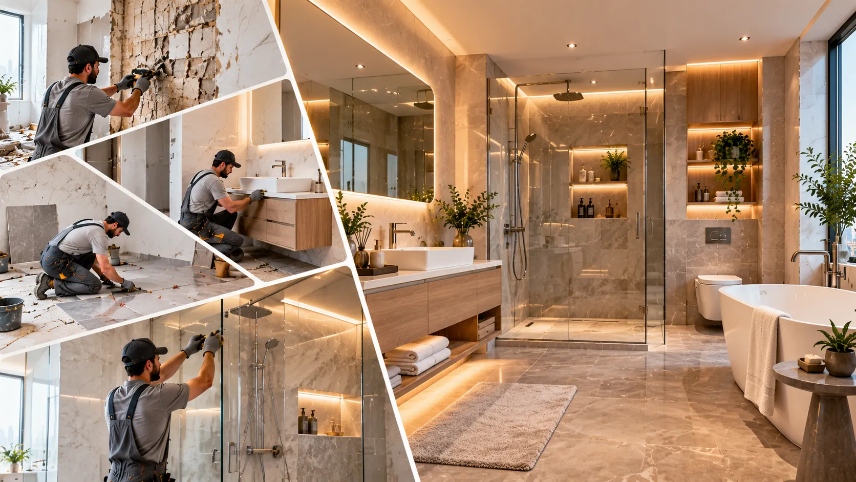 Illustrative image: a renovated marble bathroom with a walk-in shower, vanity unit and freestanding bath, beside scenes of tiling and fitting work