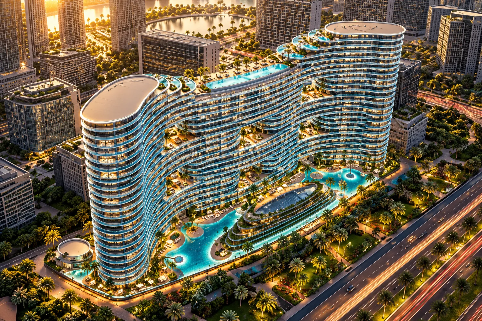 Illustrative aerial image of a wave-shaped residential building with rooftop and podium pools beside a highway at sunset