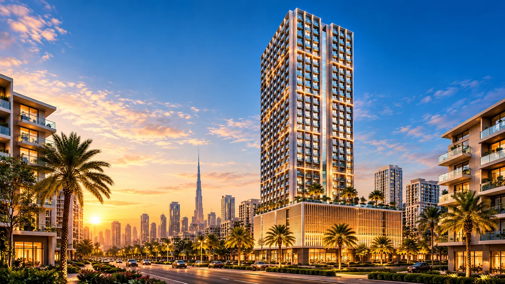 Illustrative image of a residential tower in Jumeirah Village Circle at sunset, with palm-lined streets and the Dubai skyline in the distance