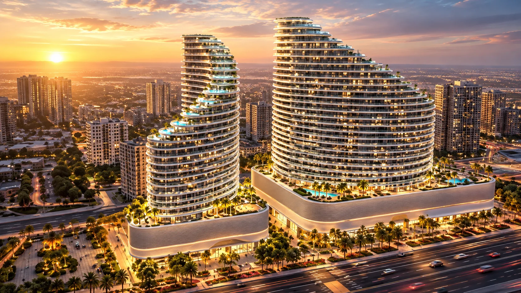 Illustrative image of two curved residential towers on podiums beside a main road in Majan at sunset