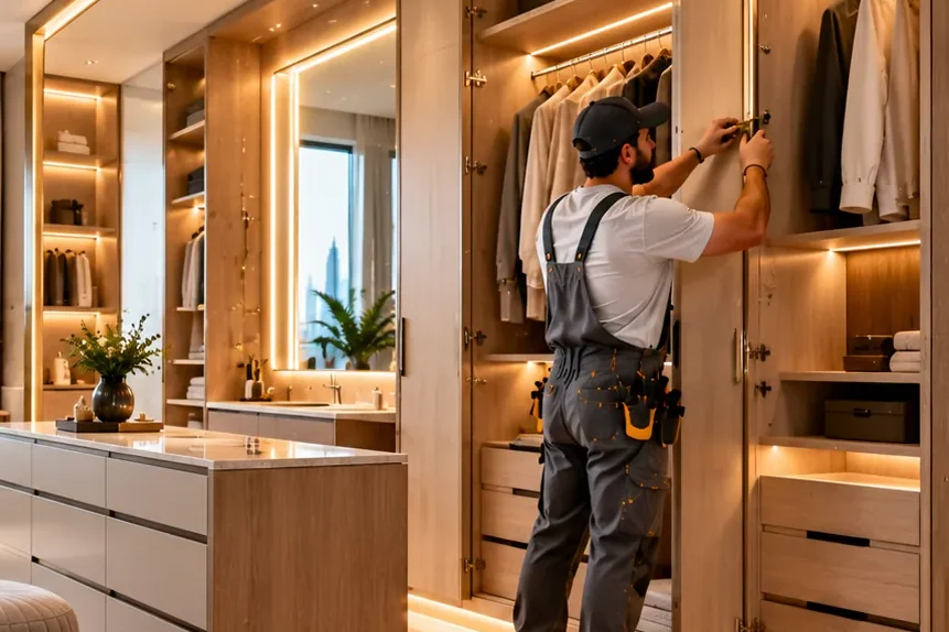Illustrative image: a carpenter fitting walk-in wardrobe doors beside lit shelving and a dressing island