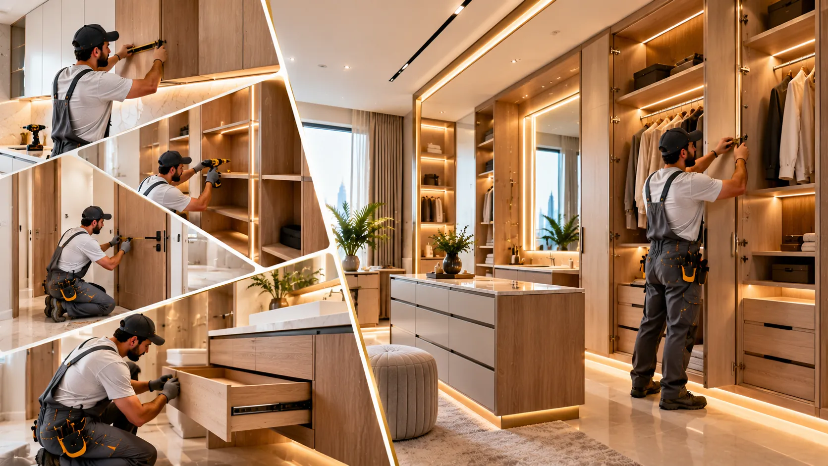 Illustrative image: a carpenter fitting walk-in wardrobe doors, shelving and a vanity drawer