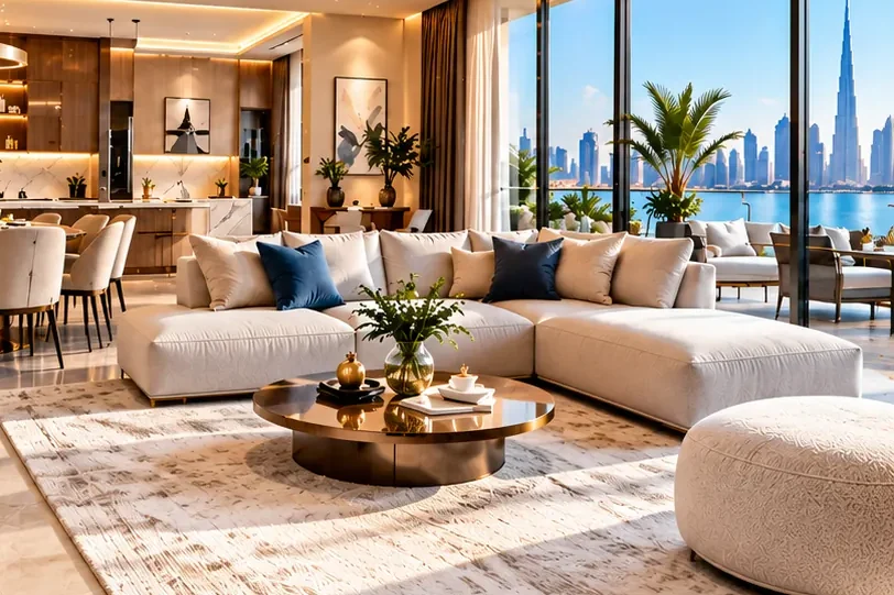 Illustrative image: a renovated Dubai apartment living room with a sectional sofa, a round coffee table and a sea and skyline view