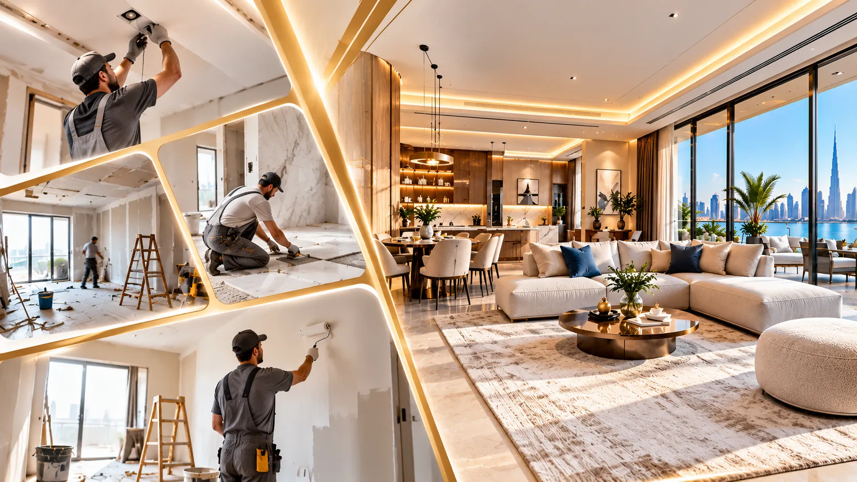 Illustrative image: a renovated Dubai apartment living room with a sea and skyline view, beside scenes of ceiling, tiling and painting work
