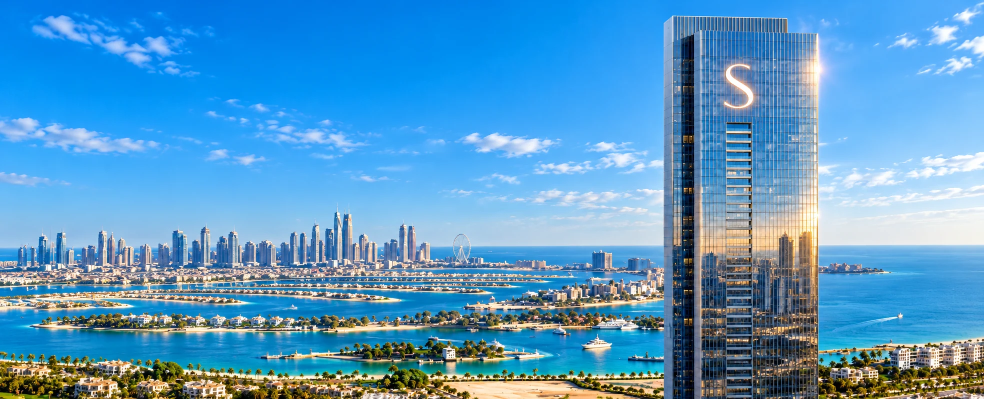 A glass residential tower overlooking Palm Jumeirah, the sea and the Dubai Marina skyline