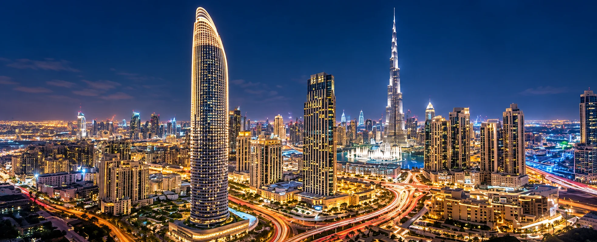Downtown Dubai at night with Burj Khalifa, the Dubai Fountain and illuminated towers