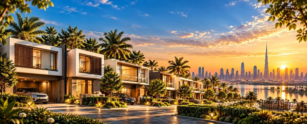 Contemporary villas on a landscaped street overlooking the water and the Dubai skyline with Burj Khalifa at sunset