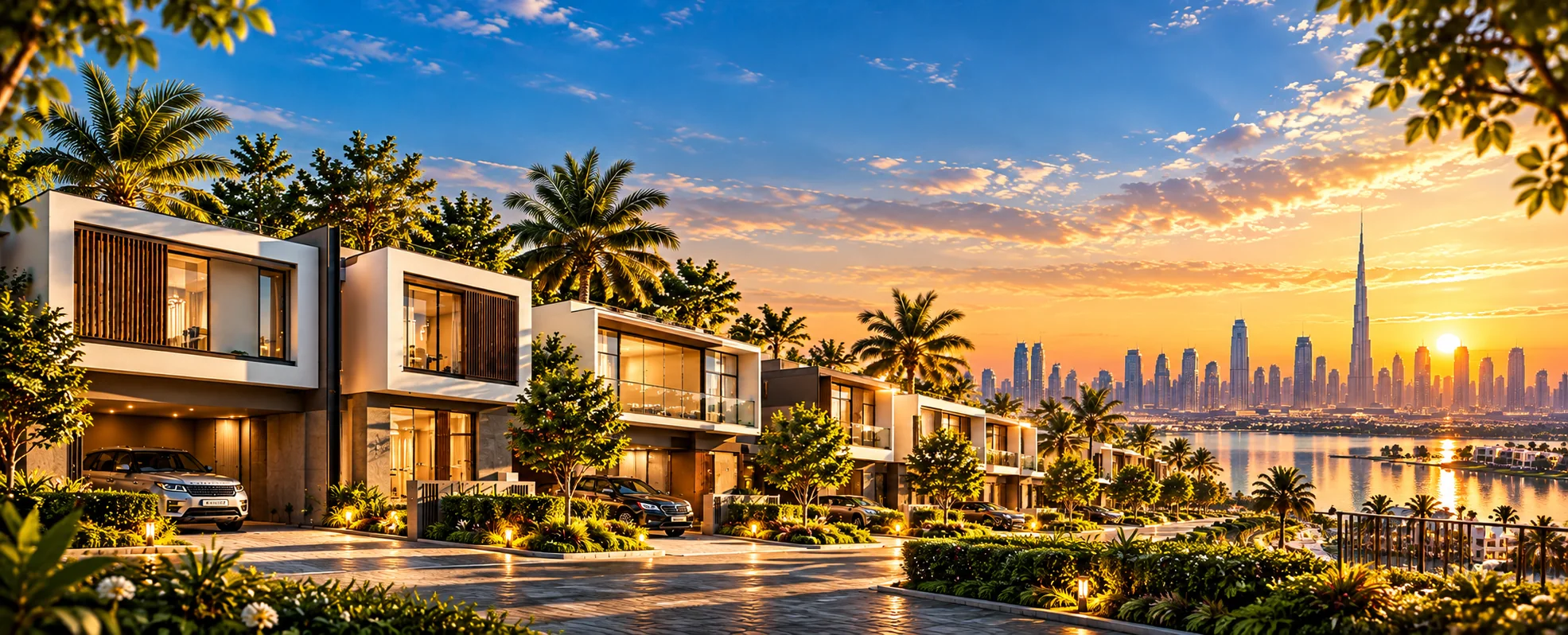 Contemporary villas on a landscaped street overlooking the water and the Dubai skyline with Burj Khalifa at sunset