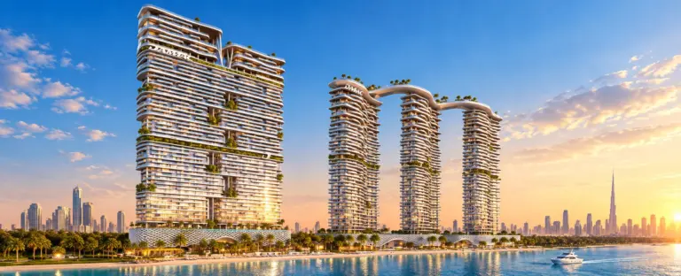 Illustrative image of the DAMAC Bay 2 by Cavalli towers on the Dubai Harbour waterfront at sunset, with the Dubai skyline and Burj Khalifa