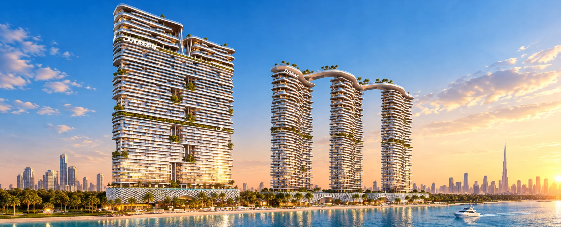 Illustrative image of the DAMAC Bay 2 by Cavalli towers on the Dubai Harbour waterfront at sunset, with the Dubai skyline and Burj Khalifa