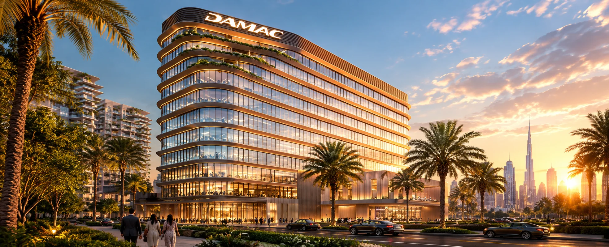 Illustrative image of a curved glass building at DAMAC District, DAMAC Hills, with palm-lined streets at sunset