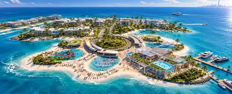 Illustrative aerial image of an island-style community with villas, beaches, lagoon pools and a water park, representing DAMAC Islands 2