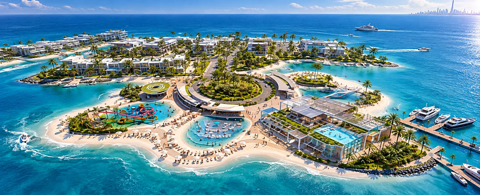 Illustrative aerial image of an island-style community with villas, beaches, lagoon pools and a water park, representing DAMAC Islands 2