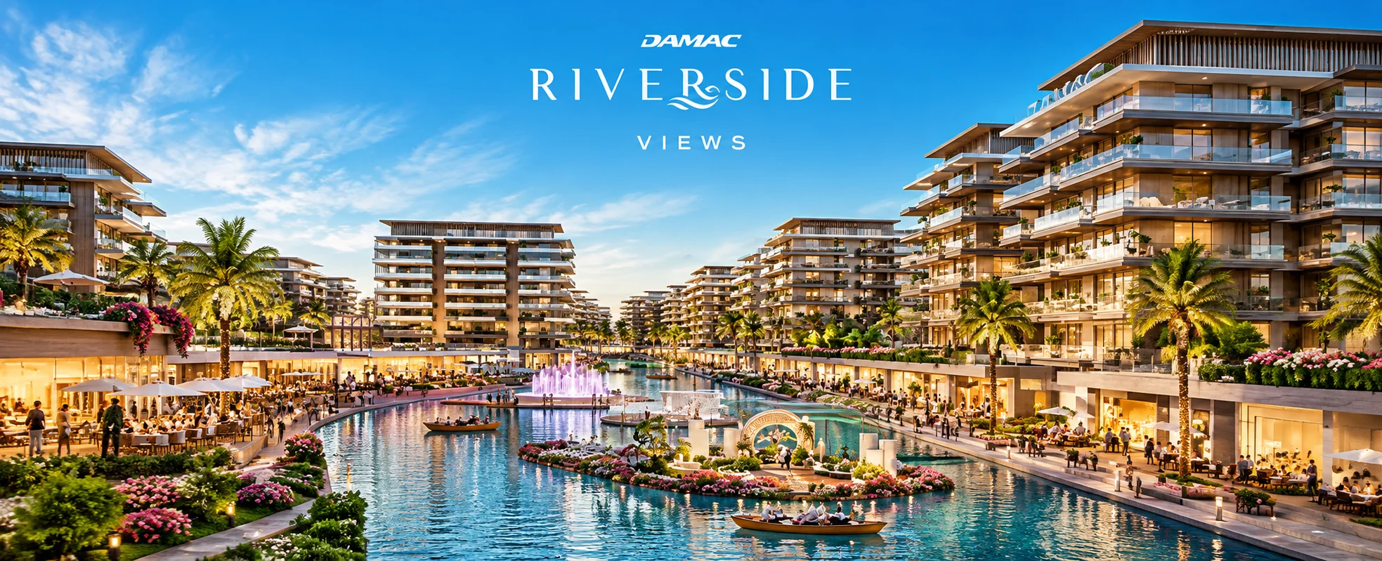 Illustrative image of DAMAC Riverside Views: terraced apartment buildings along a landscaped waterway with cafés, boats and fountains