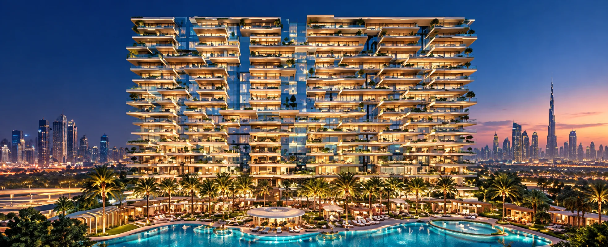 Illustrative image of the Safa Gate tower at night on Sheikh Zayed Road, with terraced balconies, a resort-style pool and the Dubai skyline