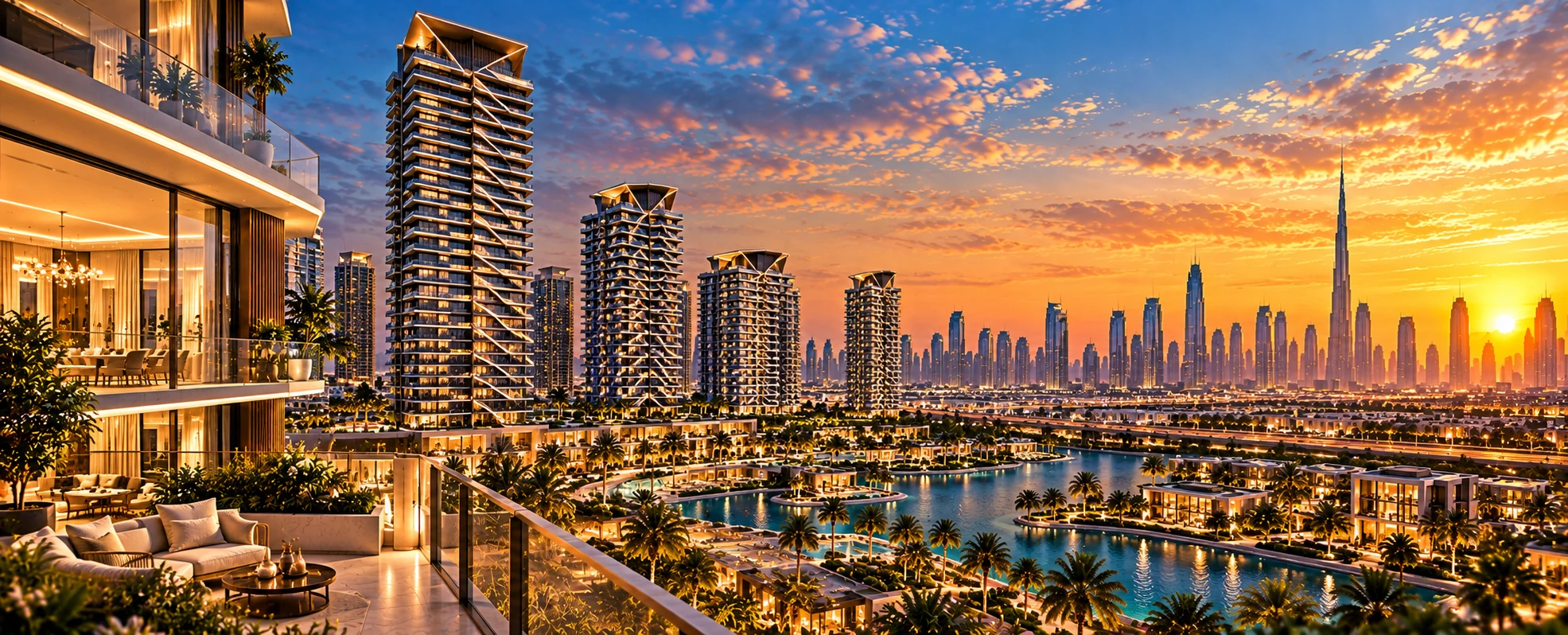 Illustrative artwork: a sunset terrace overlooking sculpted residential towers, lagoons and the Dubai skyline