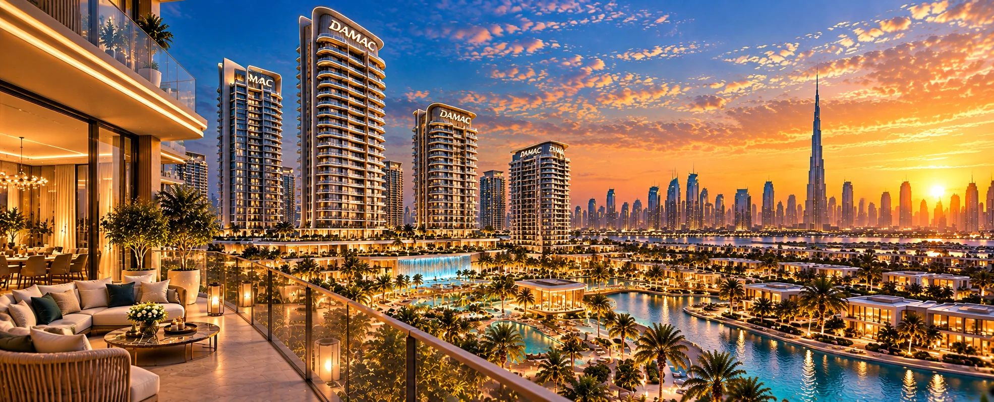 Illustrative artwork: a sunset terrace overlooking residential towers, lagoons and the Dubai skyline