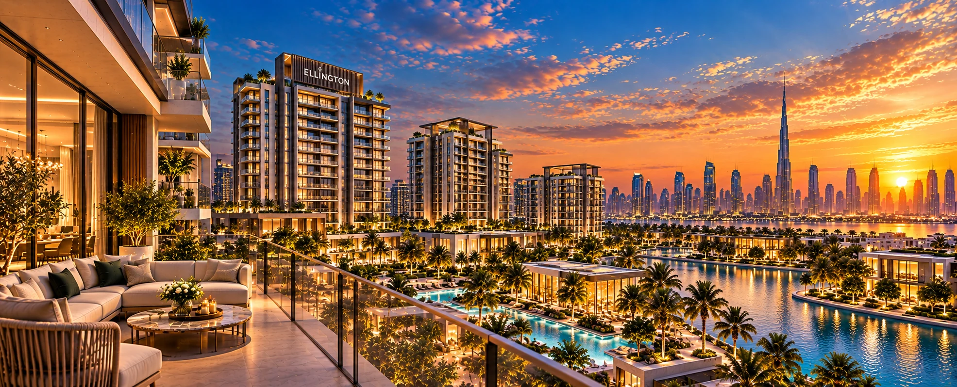 Illustrative artwork: a sunset terrace overlooking residential towers, pools and the Dubai skyline