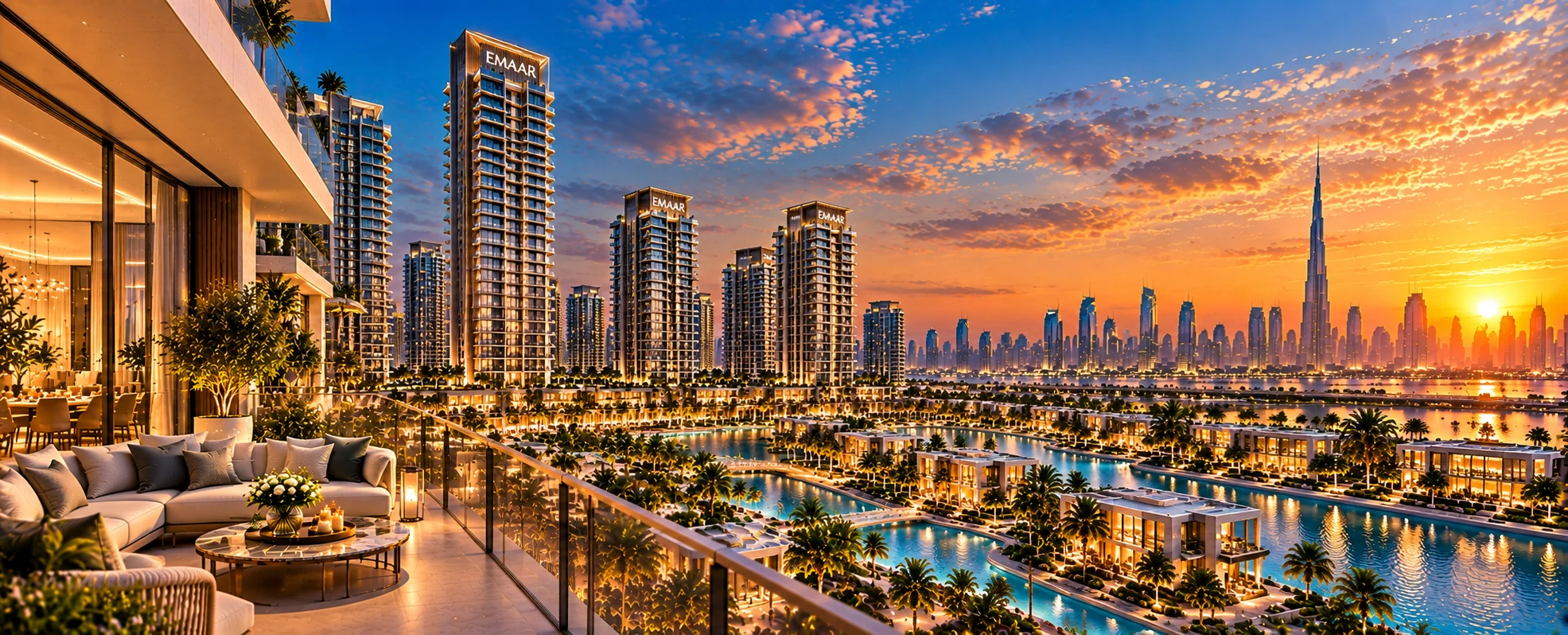 Illustrative artwork: a sunset terrace overlooking residential towers, waterfront villas and the Dubai skyline