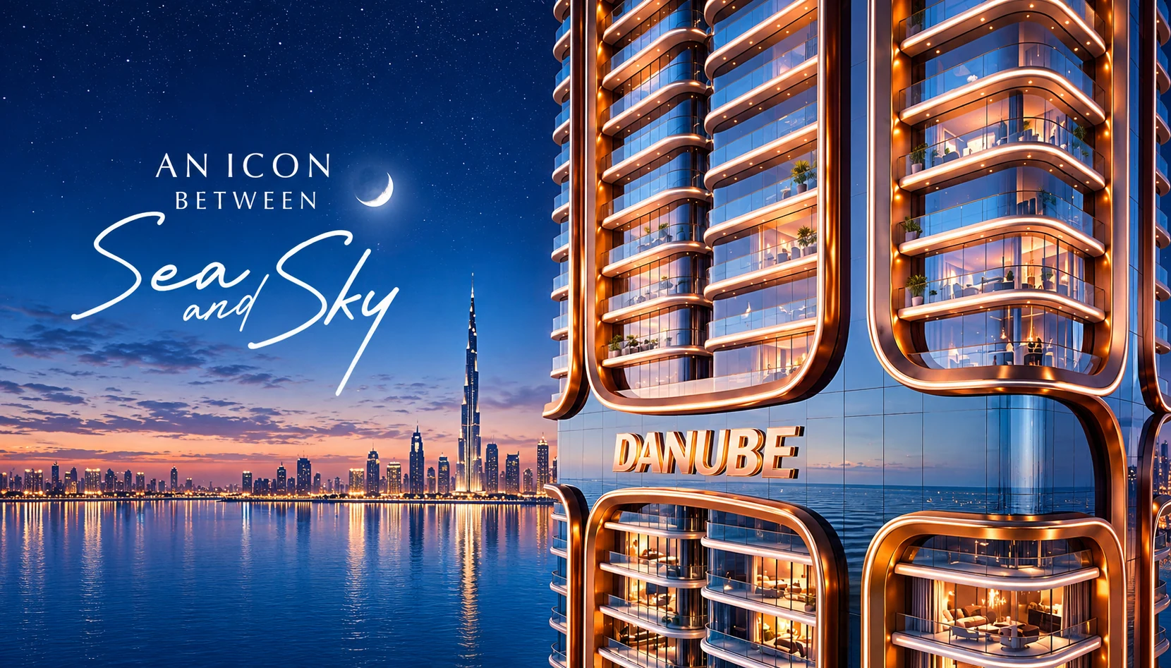 Danube visual of the Shahrukhz Residences facade at night, with the Dubai skyline and Burj Khalifa across the water