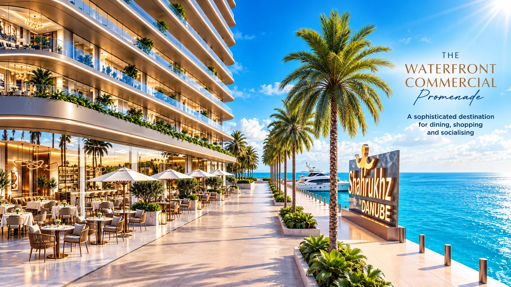 Danube visual of the planned waterfront commercial promenade at Shahrukhz by Danube, with restaurant terraces beside the sea in Dubai Maritime City