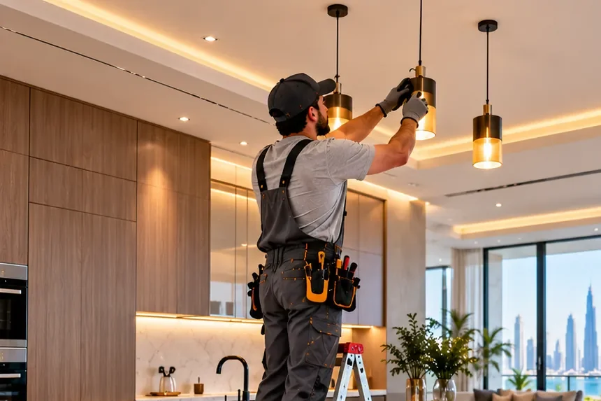 Illustrative image: an electrician on a ladder installing pendant lights above a kitchen island