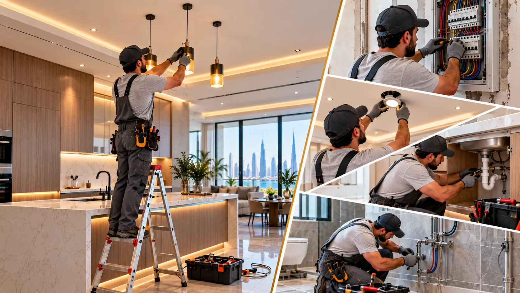 Illustrative image: technicians installing kitchen pendant lights, a distribution board, downlights and plumbing