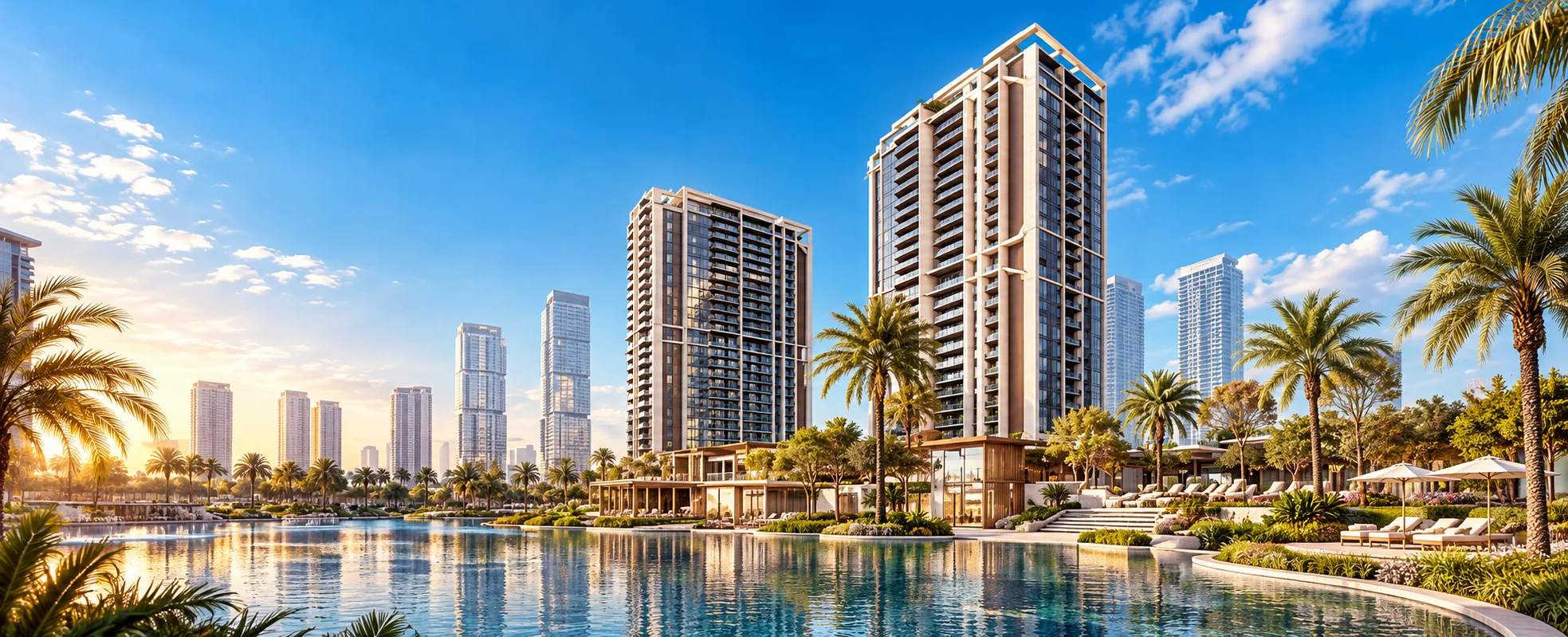 Illustrative image of the Eltiera Views towers beside a lake in Jumeirah Islands, with palm-lined gardens and pool decks