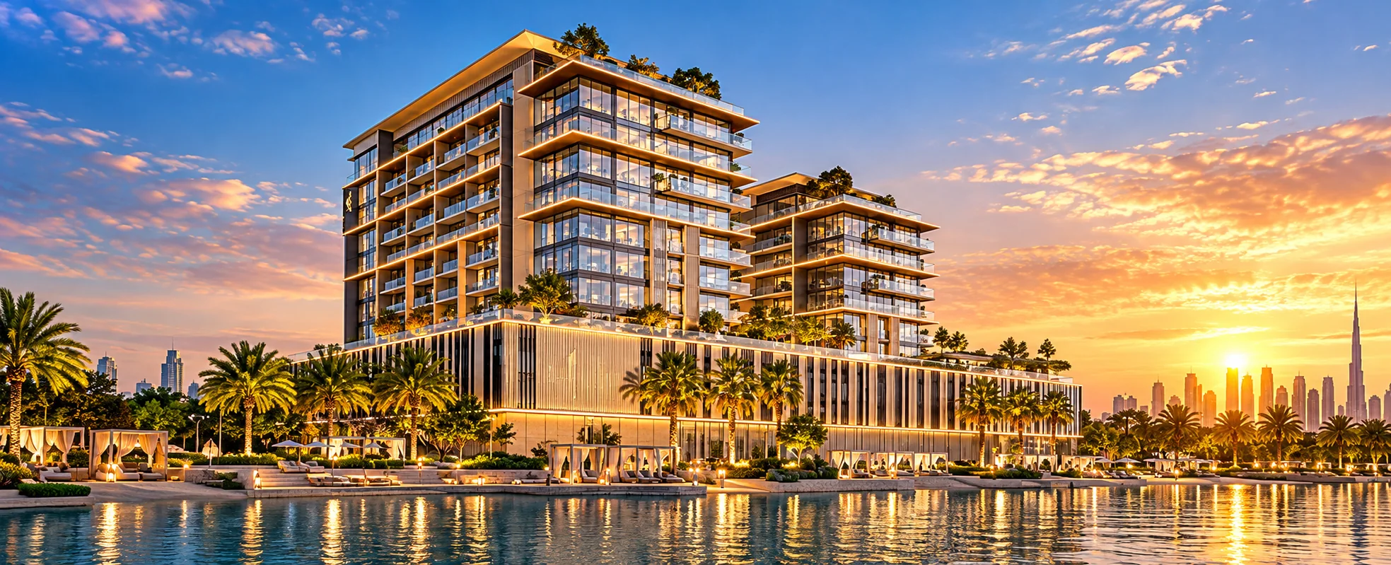 Illustrative image of Everly Place beside the lagoon in Meydan Horizon, Mohammed Bin Rashid City, at sunset with the Dubai skyline