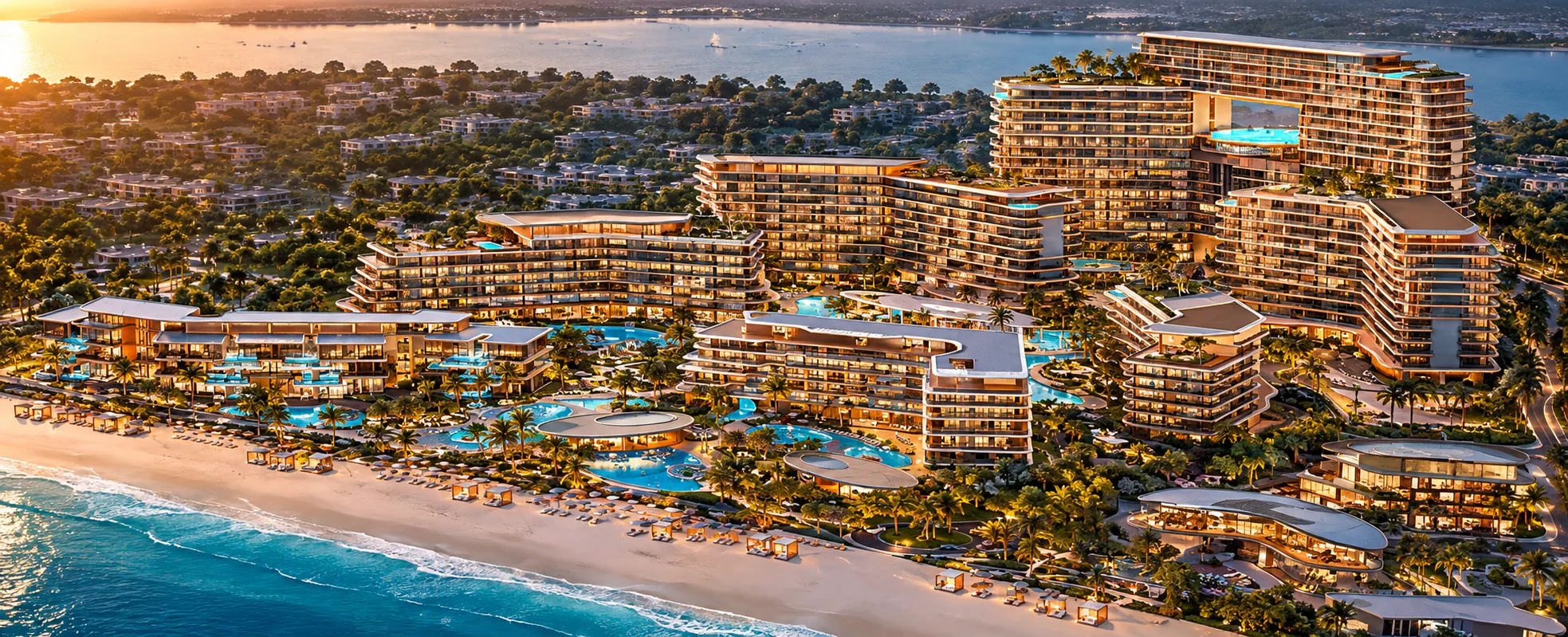 Illustrative aerial image of The Meriva Collection's beachfront buildings, pools and gardens on Dubai Islands at sunset
