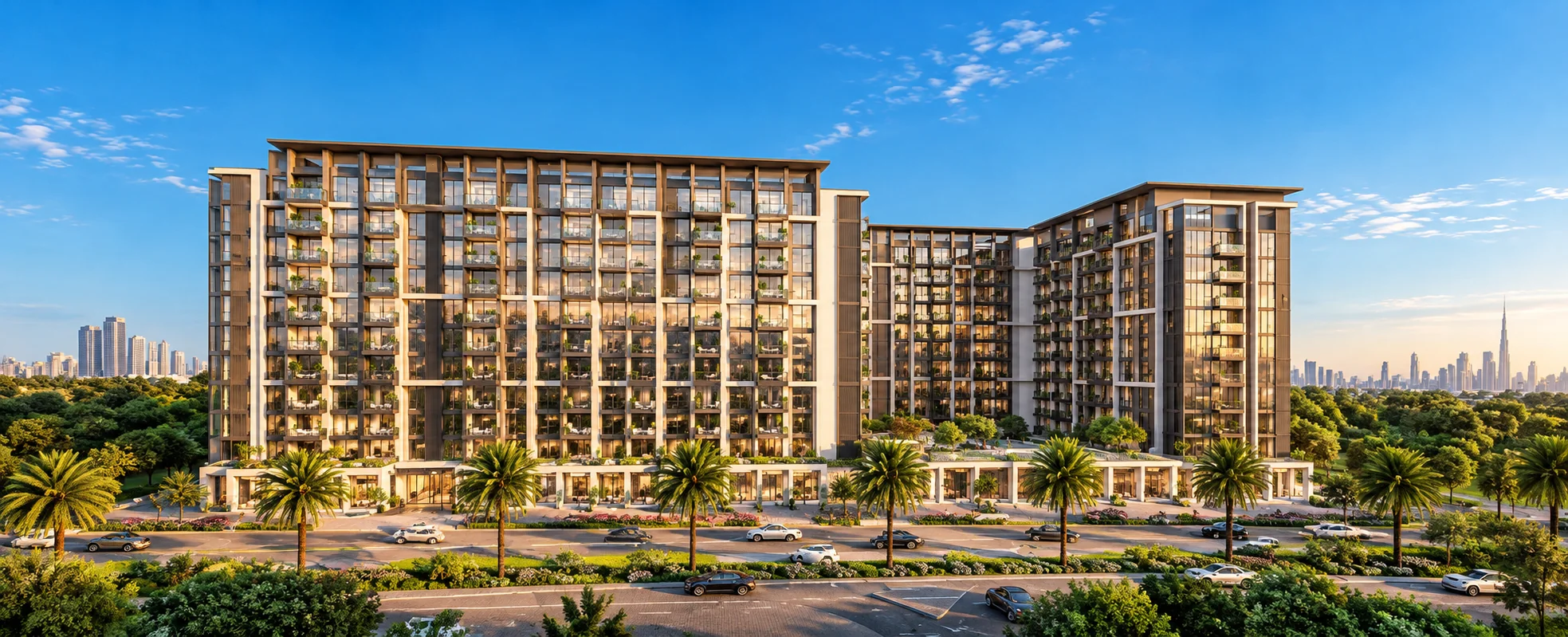 Illustrative image of the Windsor House II apartment building in Dubai South, with tree-lined roads and the Dubai skyline in the distance