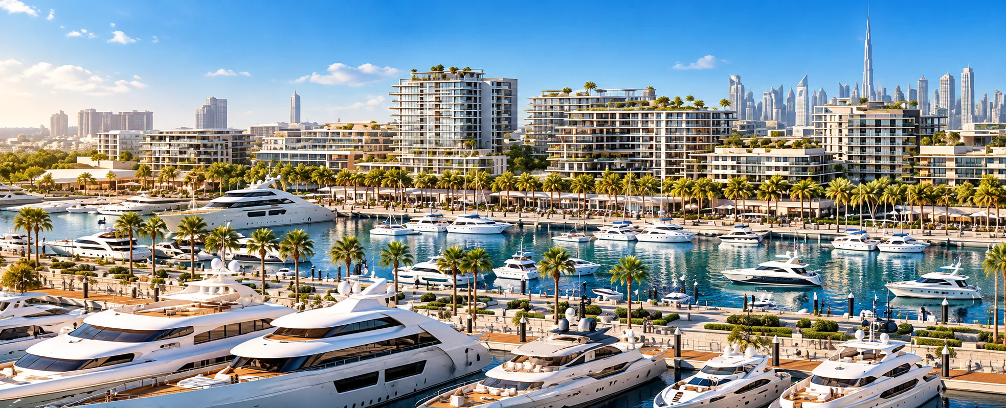 Illustrative image of Fior 1 and the waterfront at Rashid Yachts & Marina, with yachts in the harbour and the Dubai skyline beyond